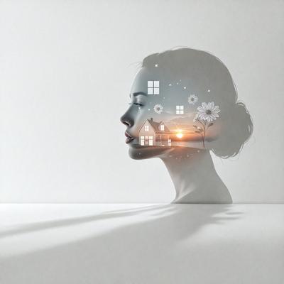The primary subject of the image is a woman's head, which is the main focus of the image. The setting is a white background, and the visual style is a digital art or illustration. The colors in the image are predominantly white, which gives it a clean and minimalist appearance. The overall atmosphere is calm and serene.